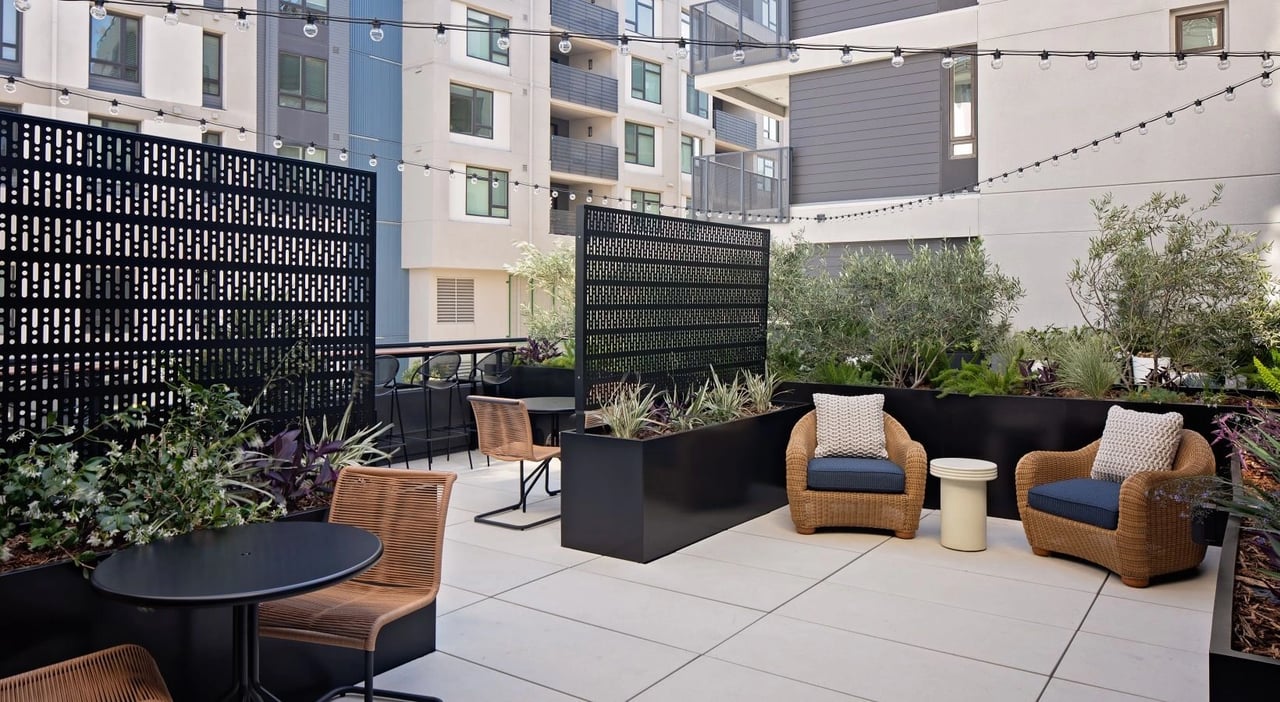 Outdoor lounge with tables and seating