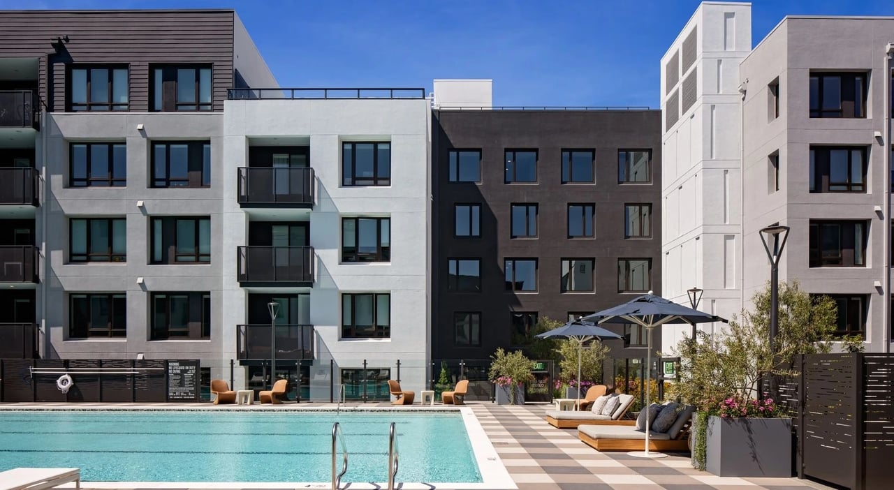 Outdoor swimming pool with lounge chairs
